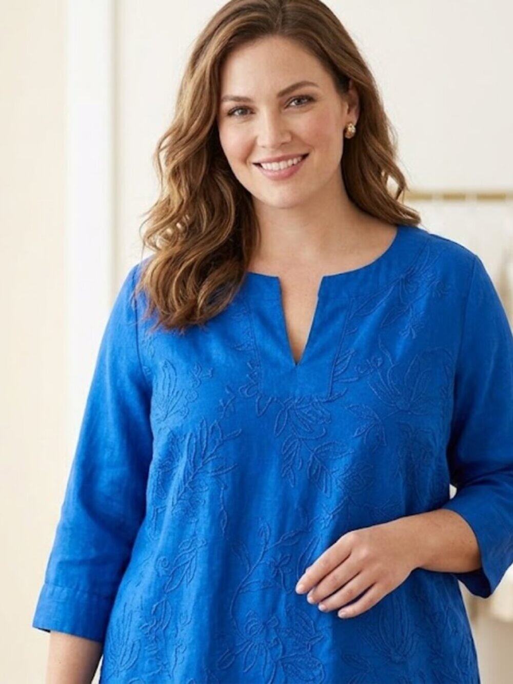 Jessica London Linen Blend Embroidered Split-Neck Tunic Top Blue 18W
